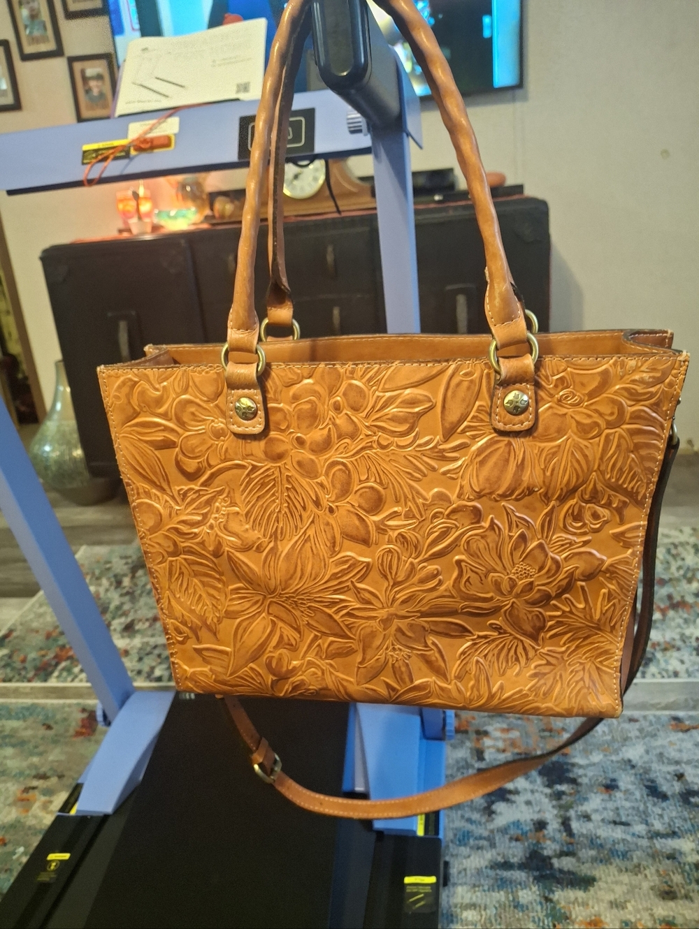 PATRICIA NASH Embossed Floral Tote Bag in Cognac Brown